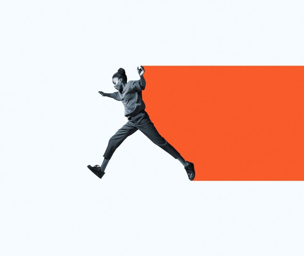 A person in black and white is shown in mid-air as if jumping, superimposed over an orange rectangle on a plain light background.