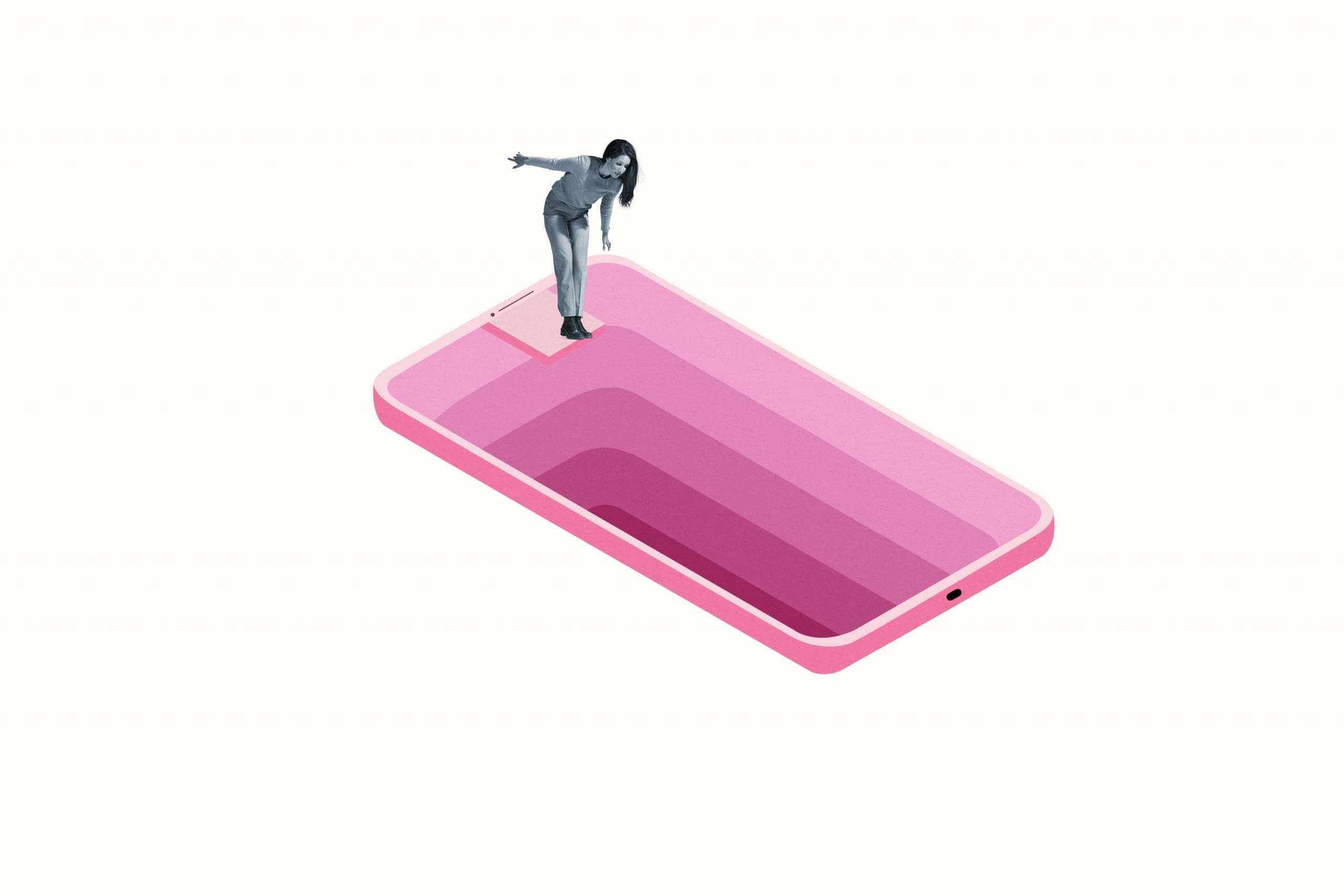 A person appears to balance on the edge of an oversized pink smartphone, depicted in a surreal style.