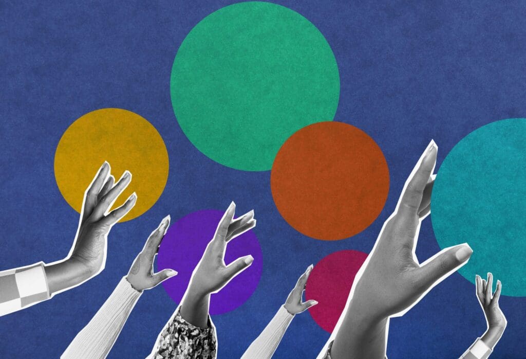 Collage of grayscale hands reaching upward toward colorful circles on a blue background.