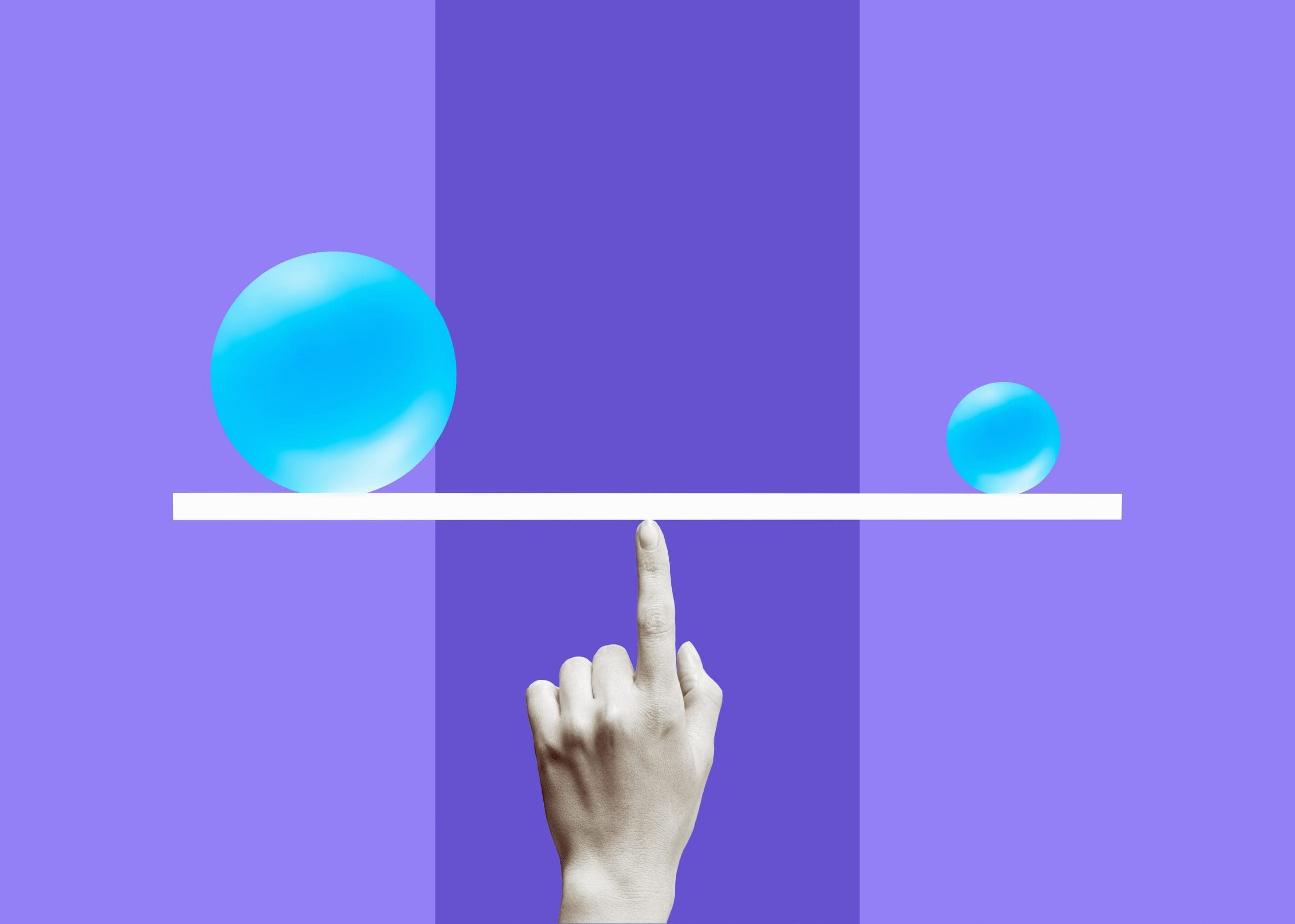 A hand points upward, balancing a seesaw with a large blue sphere on the left and a smaller blue sphere on the right, on a purple background.